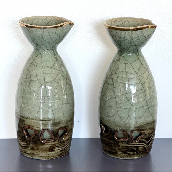 Vintage Sake Pitchers & 6 Cups Japan Somaware Somayaki Crackle Gold Horse Hearts - Picture 3 of 16